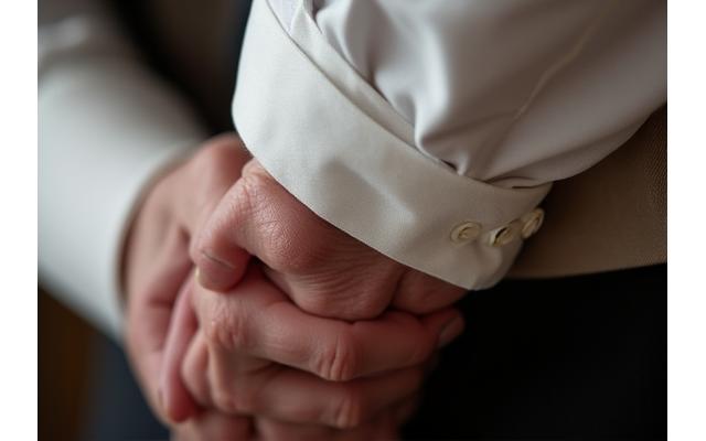 A close-up shot of hands, possibly with some dexterity challenges, easily operating a magnetic button closure on a finely tailored shirt cuff. The focus is on the ease of use and the stylish appearance of the adaptive feature.
