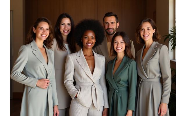 A diverse group of individuals elegantly dressed in adaptive clothing, showcasing discreet magnetic closures, comfortable seated fits, and luxurious, sensory-friendly fabrics. All models are smiling, exuding confidence and comfort.