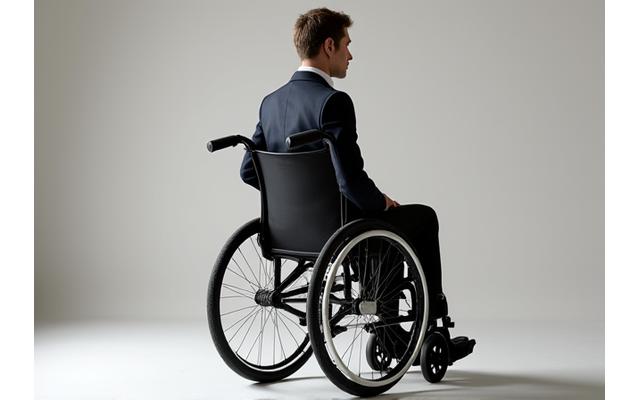 An individual in a wheelchair wearing a custom-tailored jacket and trousers, displaying perfect seated fit without bunching. The fabric drapes elegantly, and the overall look is sophisticated and professional.