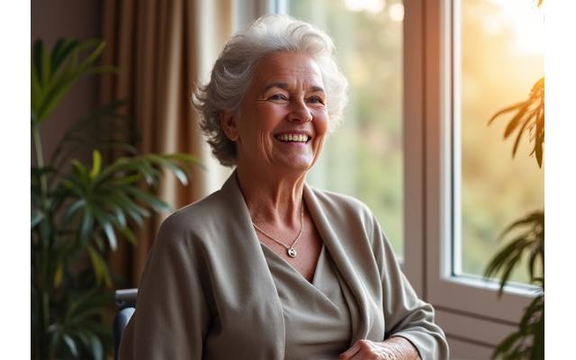 A happy individual, possibly an older adult or person with limited mobility, beaming while wearing a beautifully tailored, comfortable adaptive outfit, perhaps effortlessly adjusting a garment detail. The scene conveys joy, independence, and style.