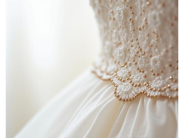 Close-up of intricate lace detail on a bespoke wedding gown, handcrafted with precision.