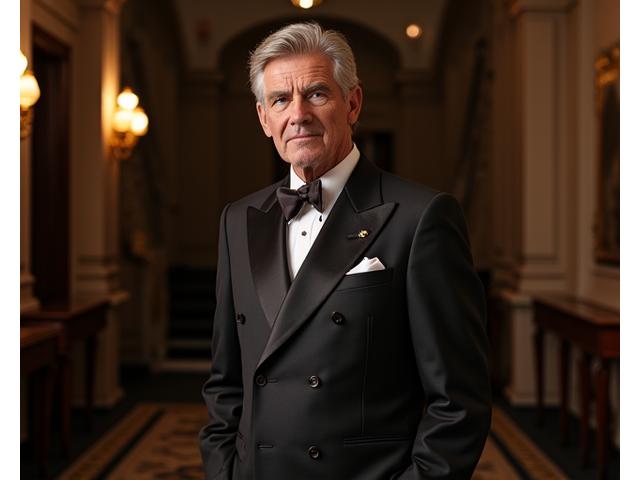 Man in a perfectly tailored black-tie suit, standing confidently at a grand event.