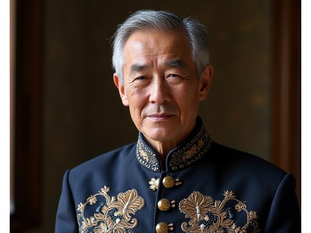Gentleman in a richly embroidered traditional ceremonial jacket, looking thoughtful.