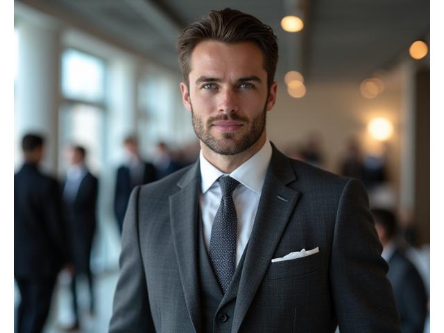 Man in a tailor-made charcoal three-piece suit, exuding corporate elegance.
