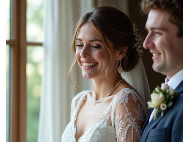 Bride in a custom-designed vintage-inspired white gown, smiling at her groom.