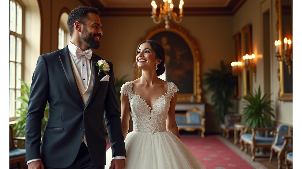 Stunning couple in bespoke wedding attire, elegant and perfectly fitted.