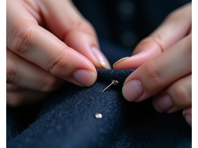 Close-up of a textile expert's hands performing an invisible mend on a finely woven fabric, thread matching perfectly.