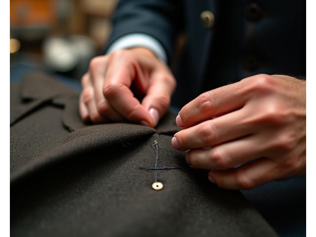 Close-up of a tailor's hands performing intricate hand-stitching on a garment lapel.
