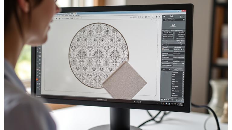 Digital textile design software interface showing pattern repeat, with some physical fabric swatches on the side for comparison.