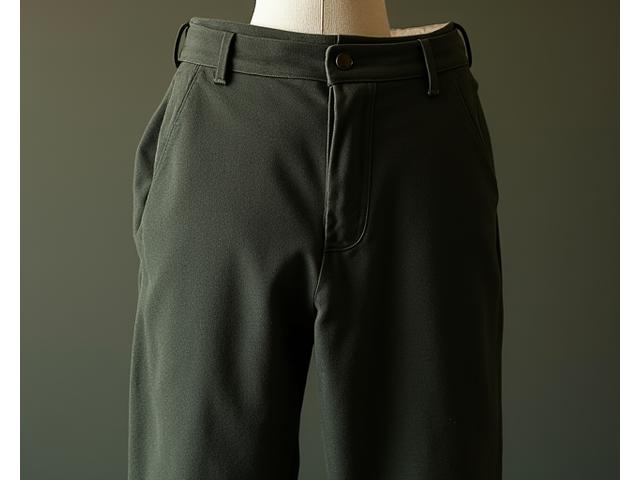 Tailored trousers crafted from upcycled luxury fabrics, showcasing a unique texture