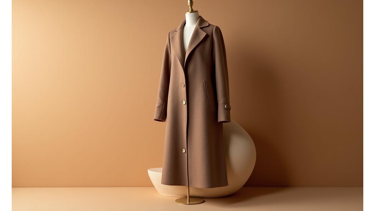 An elegant, tailored wool coat in a neutral tone, made from recycled materials, draped gracefully