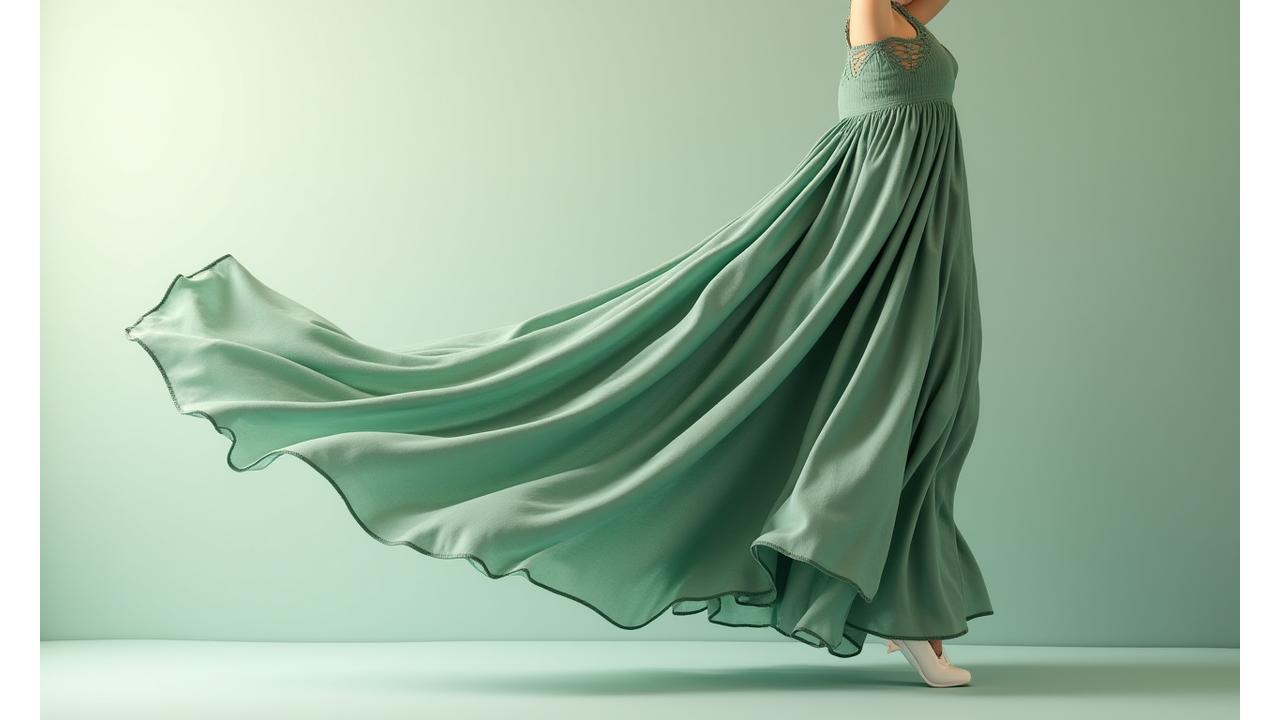 A model wearing a flowing, eco-friendly dress made from organic silk, showcasing natural dyes