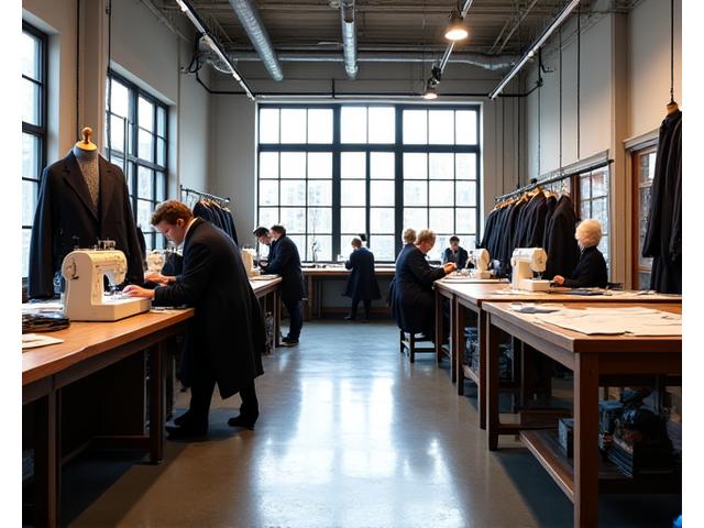 Artisans working diligently in a bright, clean atelier, focused on detailed tailoring