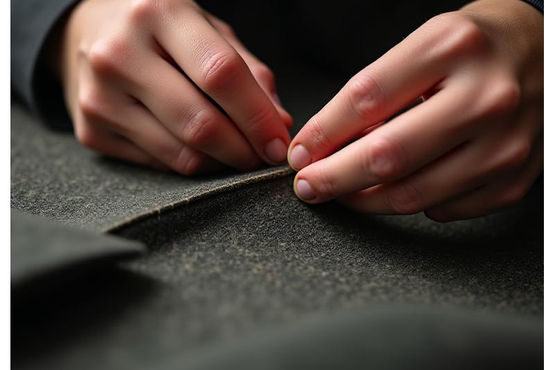 Close-up of tailoring hands stitching fine fabric, illustrating precision and quality.