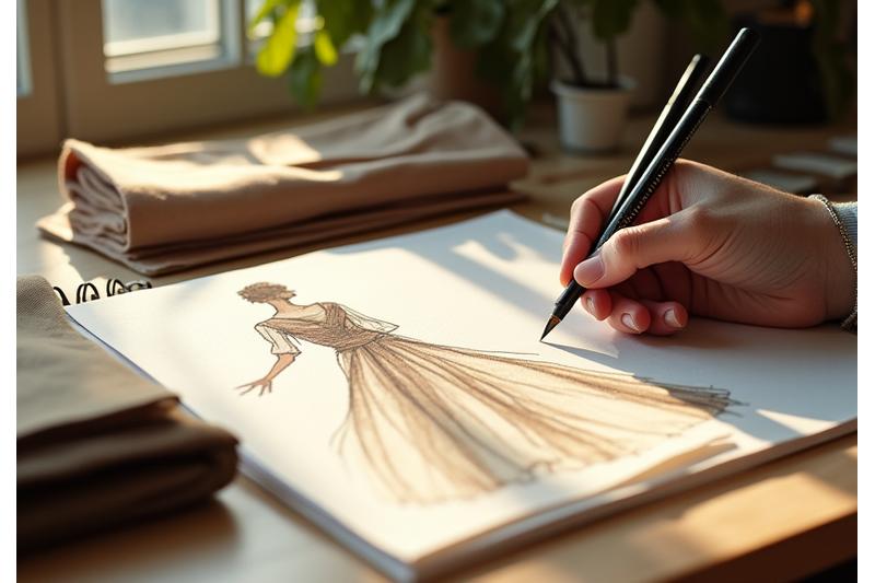 A designer sketching a fashion illustration while surrounded by textile swatches, emphasizing creativity and unique design.